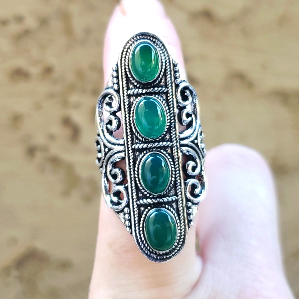 New Oversized Green Onyx 925 Silver Statement Ring.